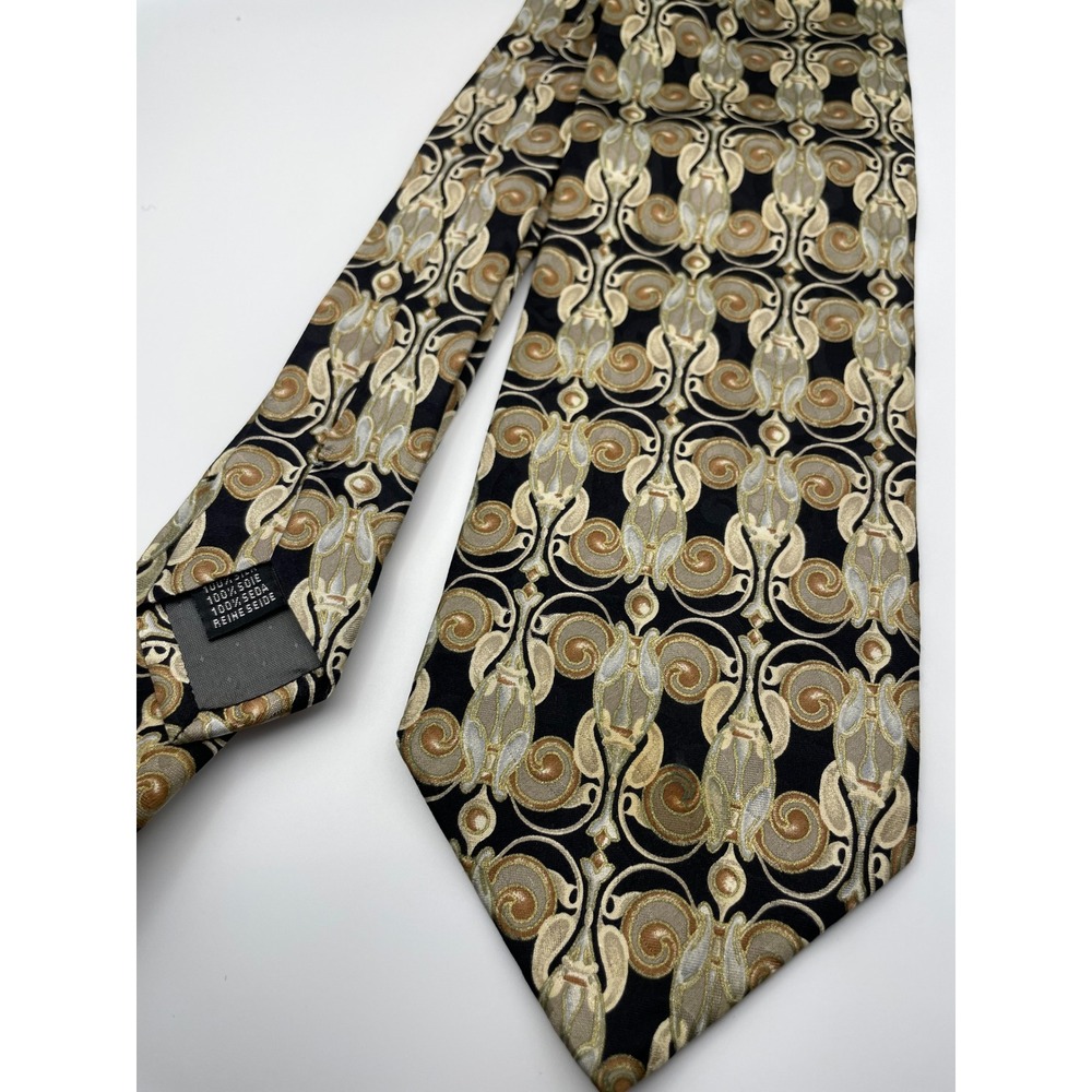 Bernini Beverly Hills Mens Silk Tie Black Gold Geometric Pattern Necktie